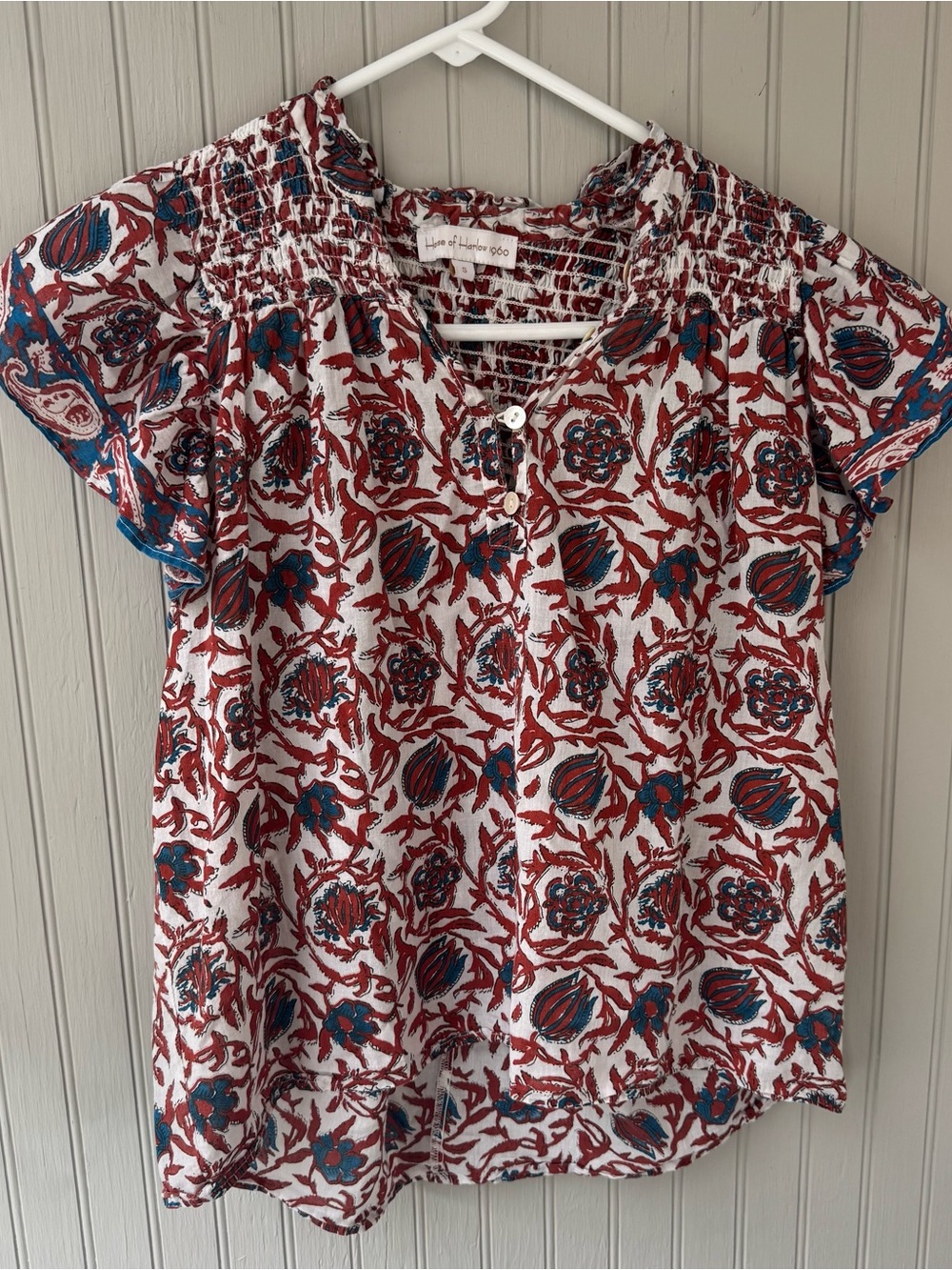 House of Harlow Womens Floral Print Top White Rust Blue - S